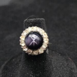 Uncas Faux Star Sapphire Ring Rhinestone Halo Size 5 Vintage Costume Jewelry
